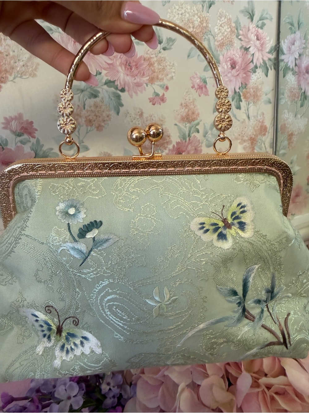 Y2K Elegant Mint Floral Embroidered Frame Handbag with Gold Handle